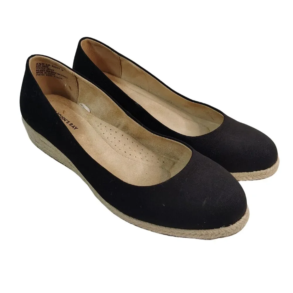 St. John’s Bay Women’s 8.5W Black Espadrille Wedge Flats Memory Foam Comfort